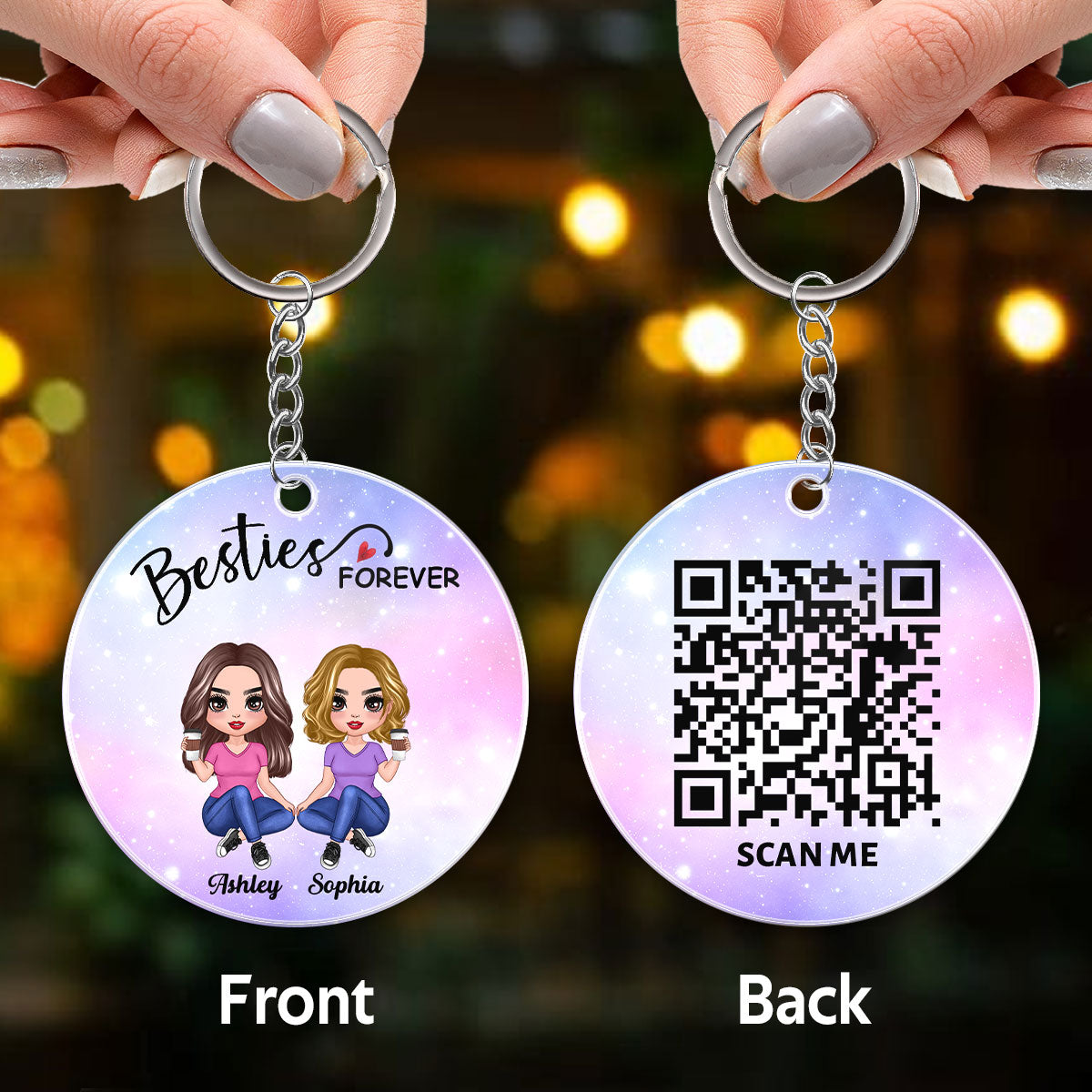 Besties Sisters Forever Pretty Women Sitting Favorite Song Scannable QR Code Personalized Acrylic Keychain
