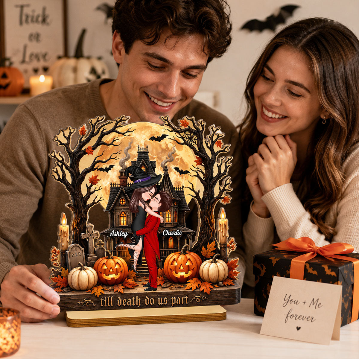 Couple Haunted House Ghost - Personalized 2-Layered Wooden Plaque - Halloween Decor Gift, Gift For Couple