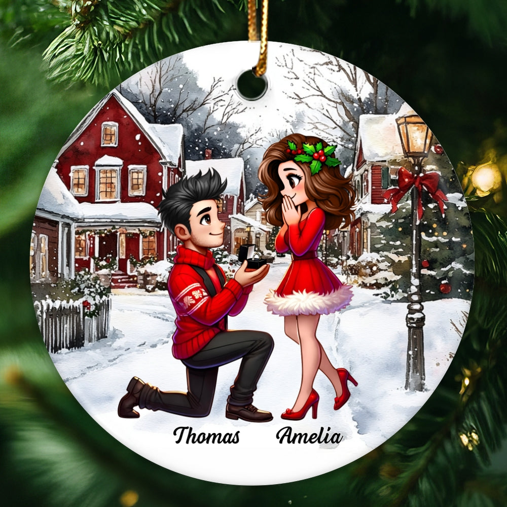 Snowy Scene Couple Marriage Proposal Personalized Ceramic Ornament, Custom Just Engaged Christmas Gifts for Couples