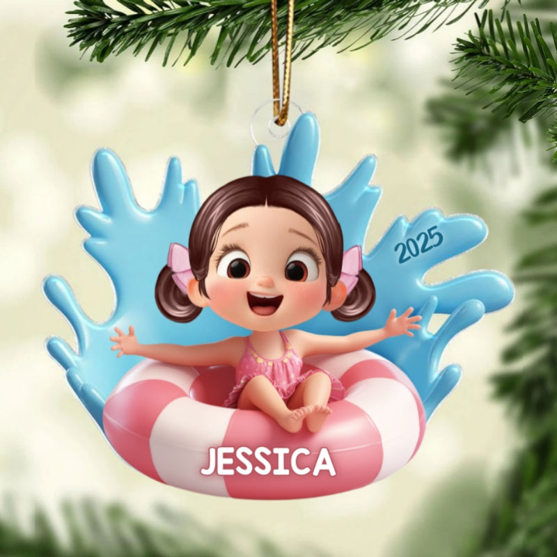 Cute Kid On Inner Tube 3D Effect Swimming Pool - Personalized Acrylic Ornament