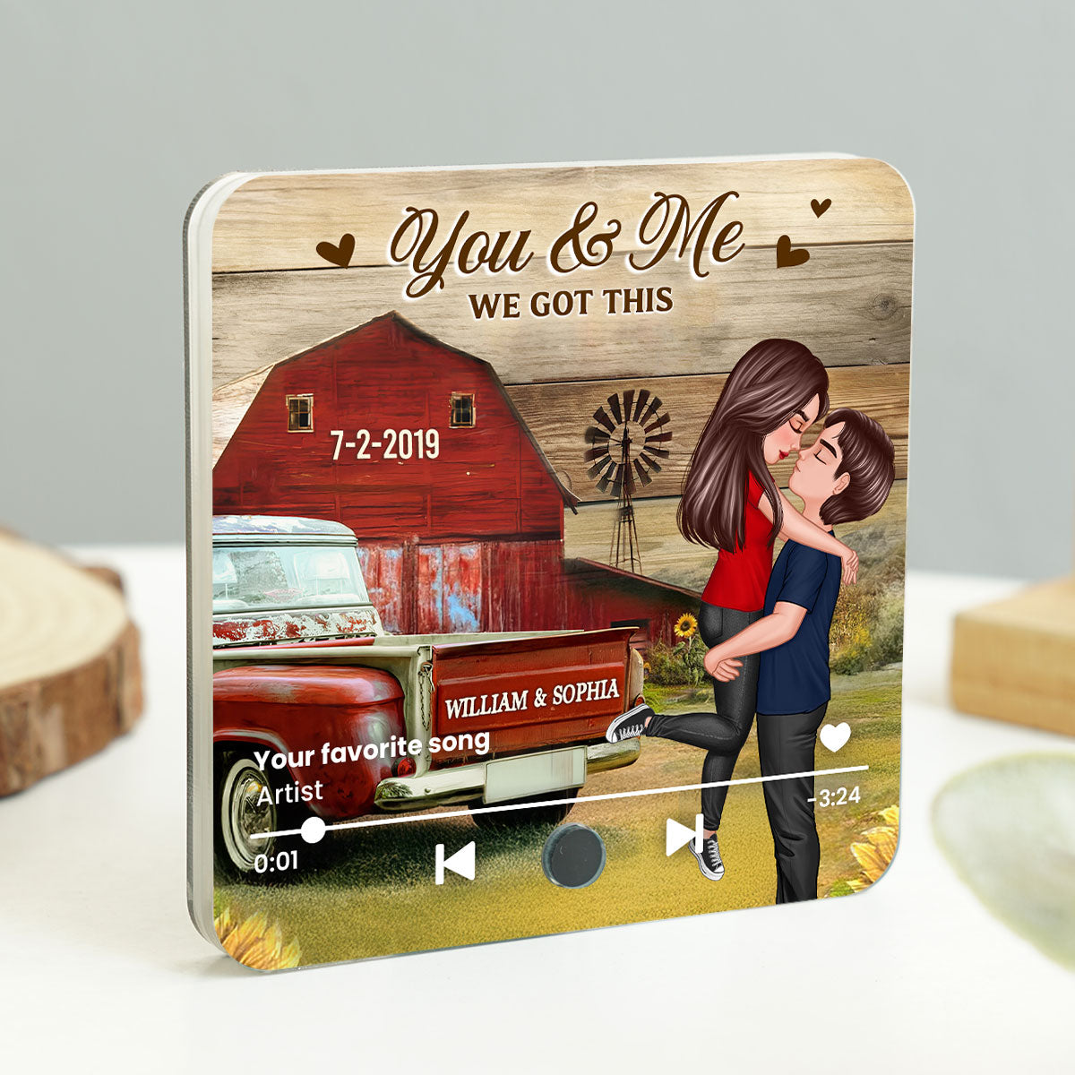 Couple Hugging Kissing Vintage Truck Farmhouse Personalized Music Fridge Magnet, Anniversary  Gift For Him, For Her