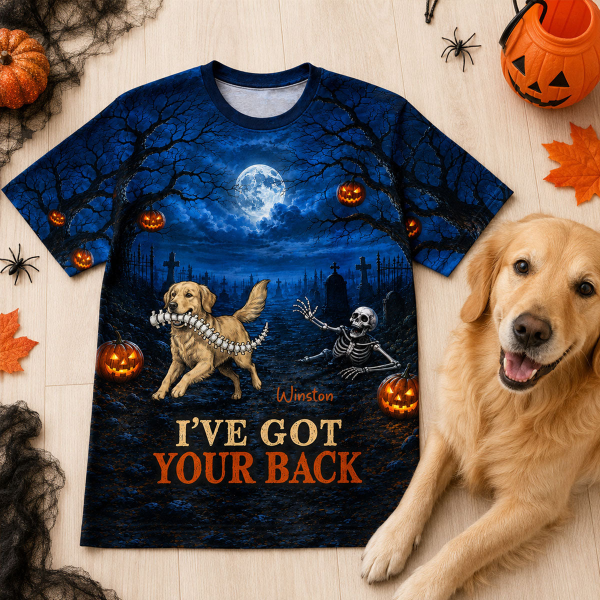 Whimsical Blue Theme I've Got Your Back Dog Stealing Backbone From Your Photo - Personalized 3D Shirt - Funny Halloween Costume For Dog Lovers