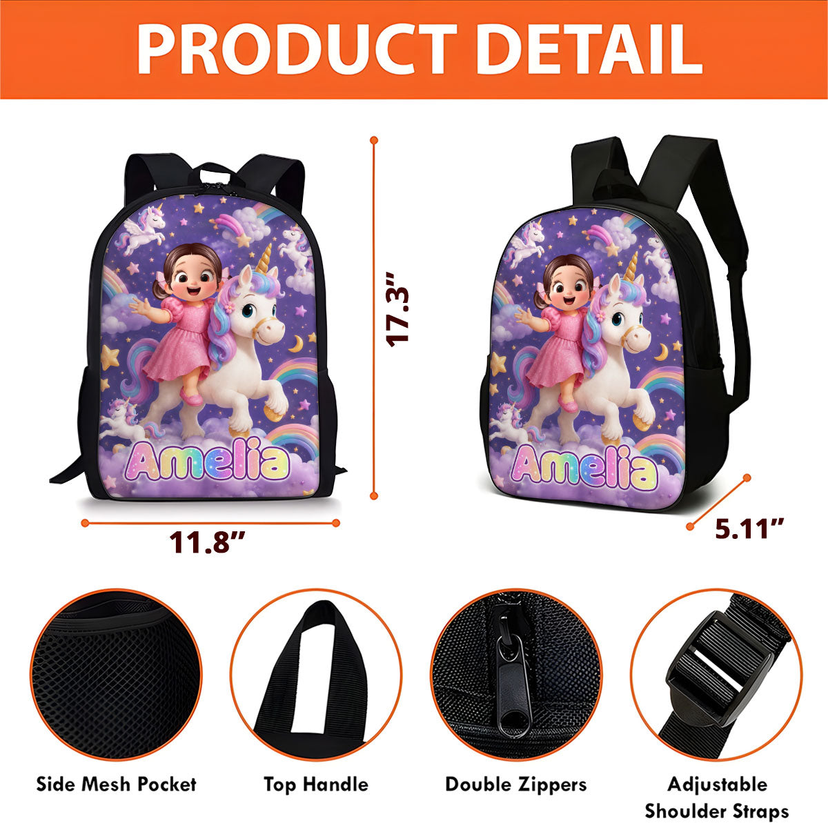 Unicorn Trendy Design for Girls - Personalized Backpack - Back to School Gift for Daughter, Granddaughter