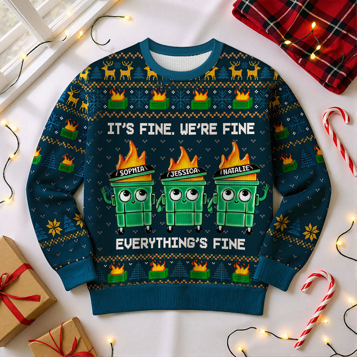 I'm Fine Everything Is Fine Dumpster Fire Funny Office Staff - Personalized Faux Knitting Ugly Sweater - Christmas Costume