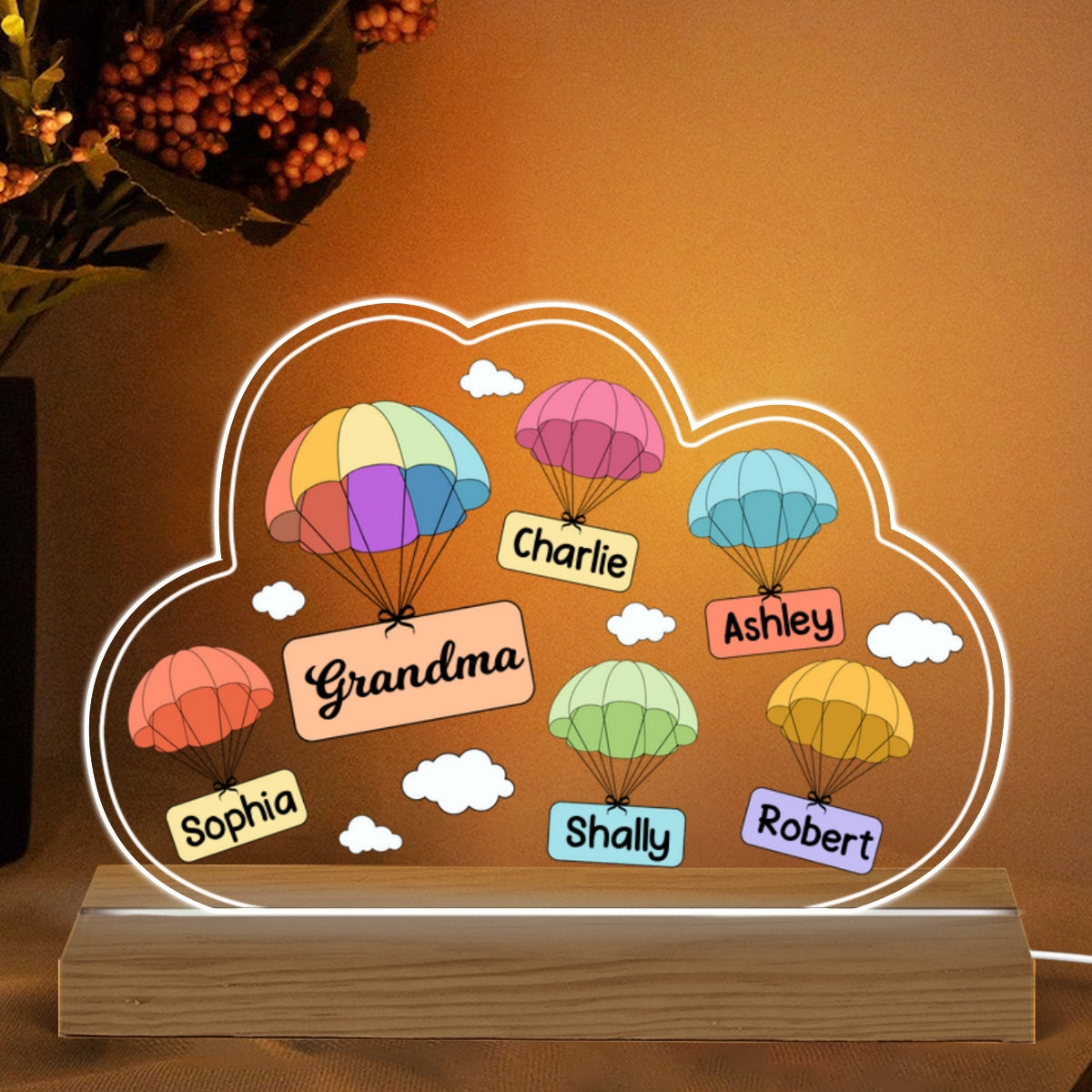 Grandma Mom Air Balloon Cloud Personalized Acrylic Custom Shape LED Night Light