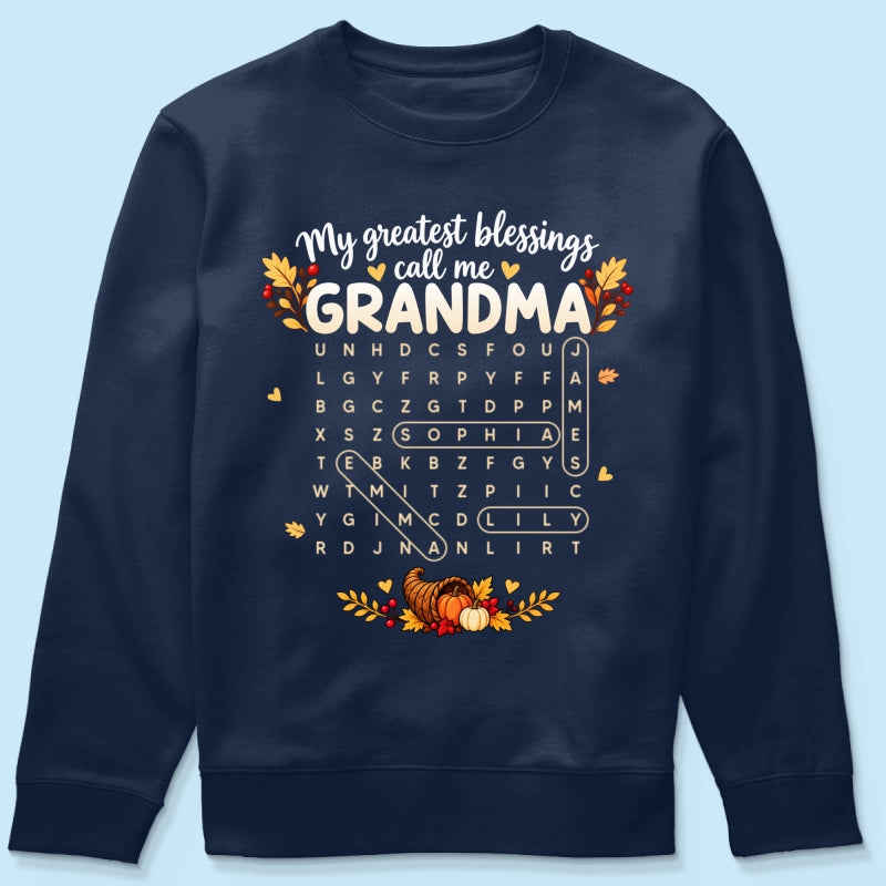 My Greatest Blessings Call Me Grandma Word Search Puzzle - Personalized Shirt - Fall Season Thanksgiving Gift For Grandma