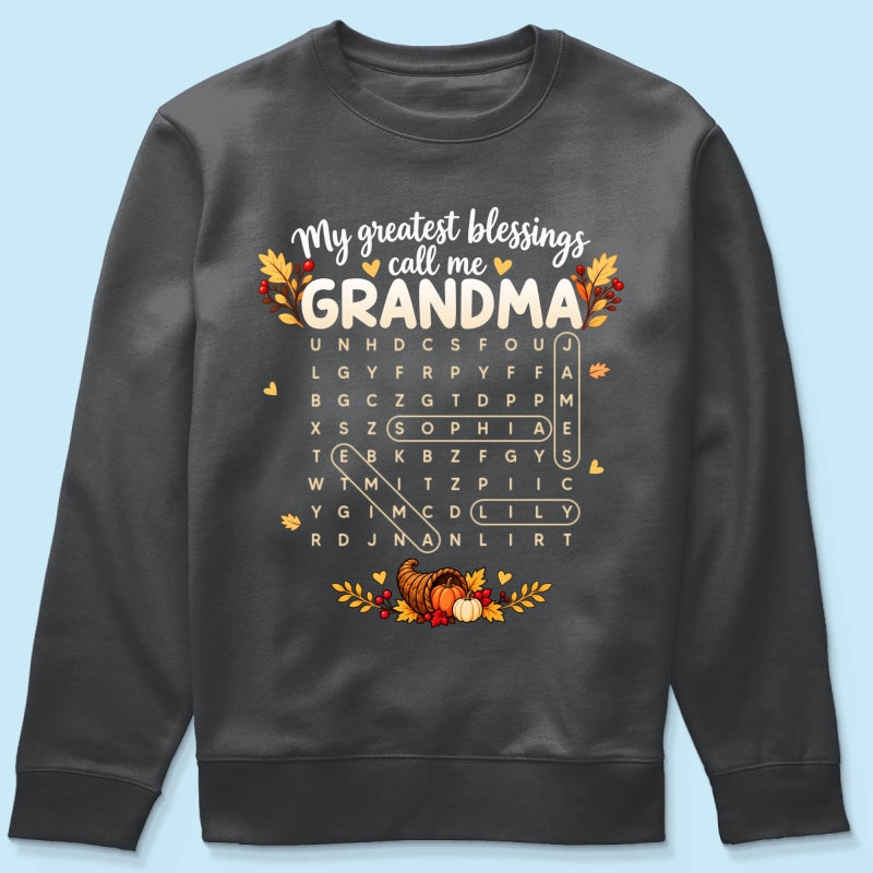 My Greatest Blessings Call Me Grandma Word Search Puzzle - Personalized Shirt - Fall Season Thanksgiving Gift For Grandma