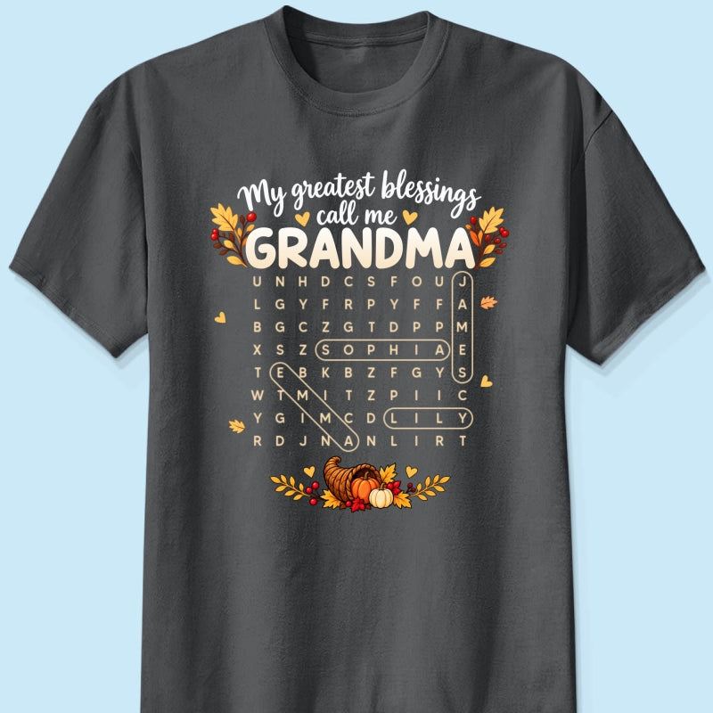 My Greatest Blessings Call Me Grandma Word Search Puzzle - Personalized Shirt - Fall Season Thanksgiving Gift For Grandma