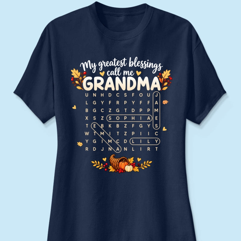 My Greatest Blessings Call Me Grandma Word Search Puzzle - Personalized Shirt - Fall Season Thanksgiving Gift For Grandma