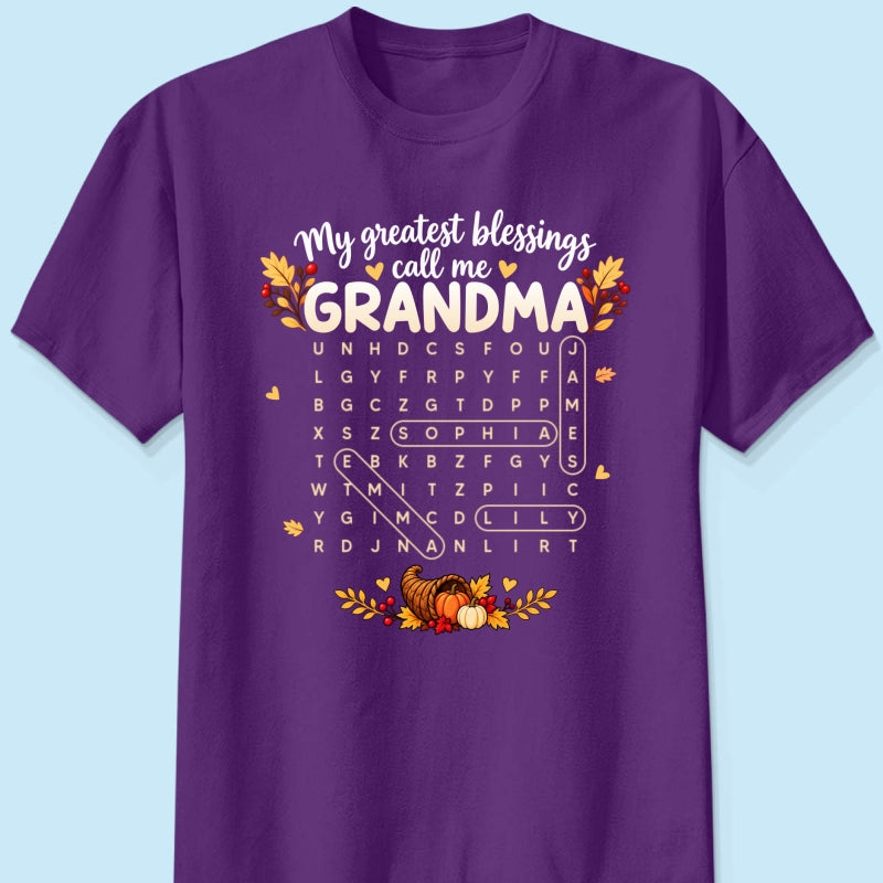 My Greatest Blessings Call Me Grandma Word Search Puzzle - Personalized Shirt - Fall Season Thanksgiving Gift For Grandma
