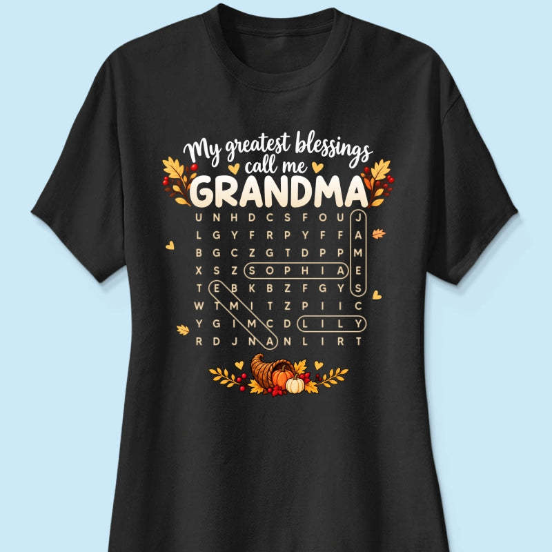 My Greatest Blessings Call Me Grandma Word Search Puzzle - Personalized Shirt - Fall Season Thanksgiving Gift For Grandma