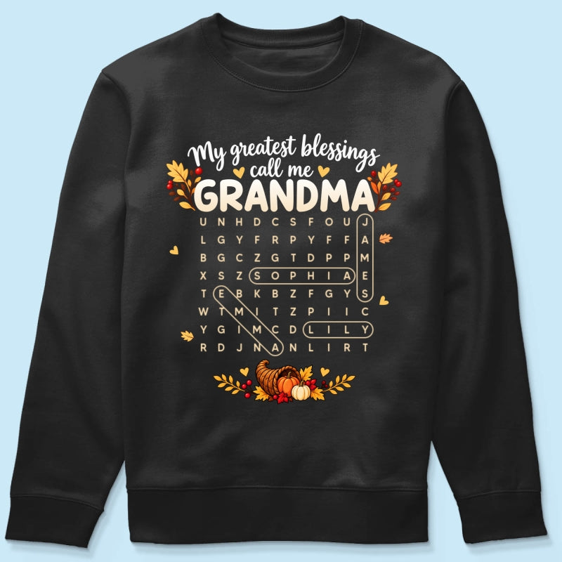 My Greatest Blessings Call Me Grandma Word Search Puzzle - Personalized Shirt - Fall Season Thanksgiving Gift For Grandma