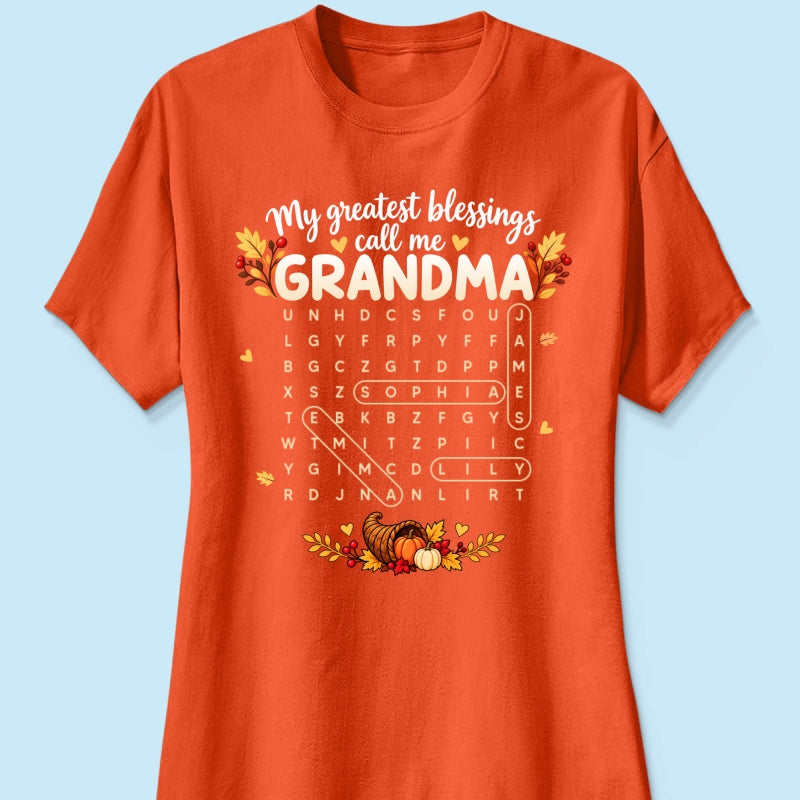 My Greatest Blessings Call Me Grandma Word Search Puzzle - Personalized Shirt - Fall Season Thanksgiving Gift For Grandma