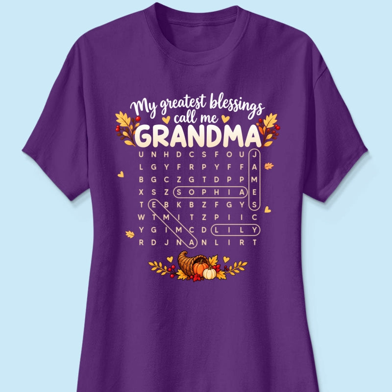 My Greatest Blessings Call Me Grandma Word Search Puzzle - Personalized Shirt - Fall Season Thanksgiving Gift For Grandma