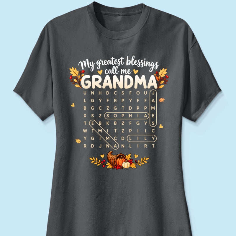 My Greatest Blessings Call Me Grandma Word Search Puzzle - Personalized Shirt - Fall Season Thanksgiving Gift For Grandma