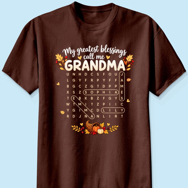 My Greatest Blessings Call Me Grandma Word Search Puzzle - Personalized Shirt - Fall Season Thanksgiving Gift For Grandma