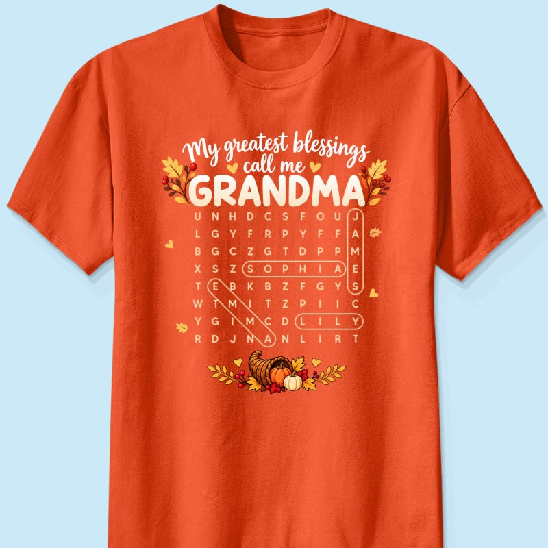 My Greatest Blessings Call Me Grandma Word Search Puzzle - Personalized Shirt - Fall Season Thanksgiving Gift For Grandma