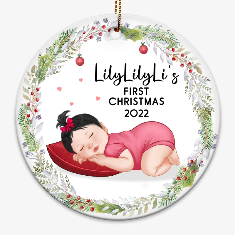 Sleeping Baby First Christmas Personalized Circle Ornament