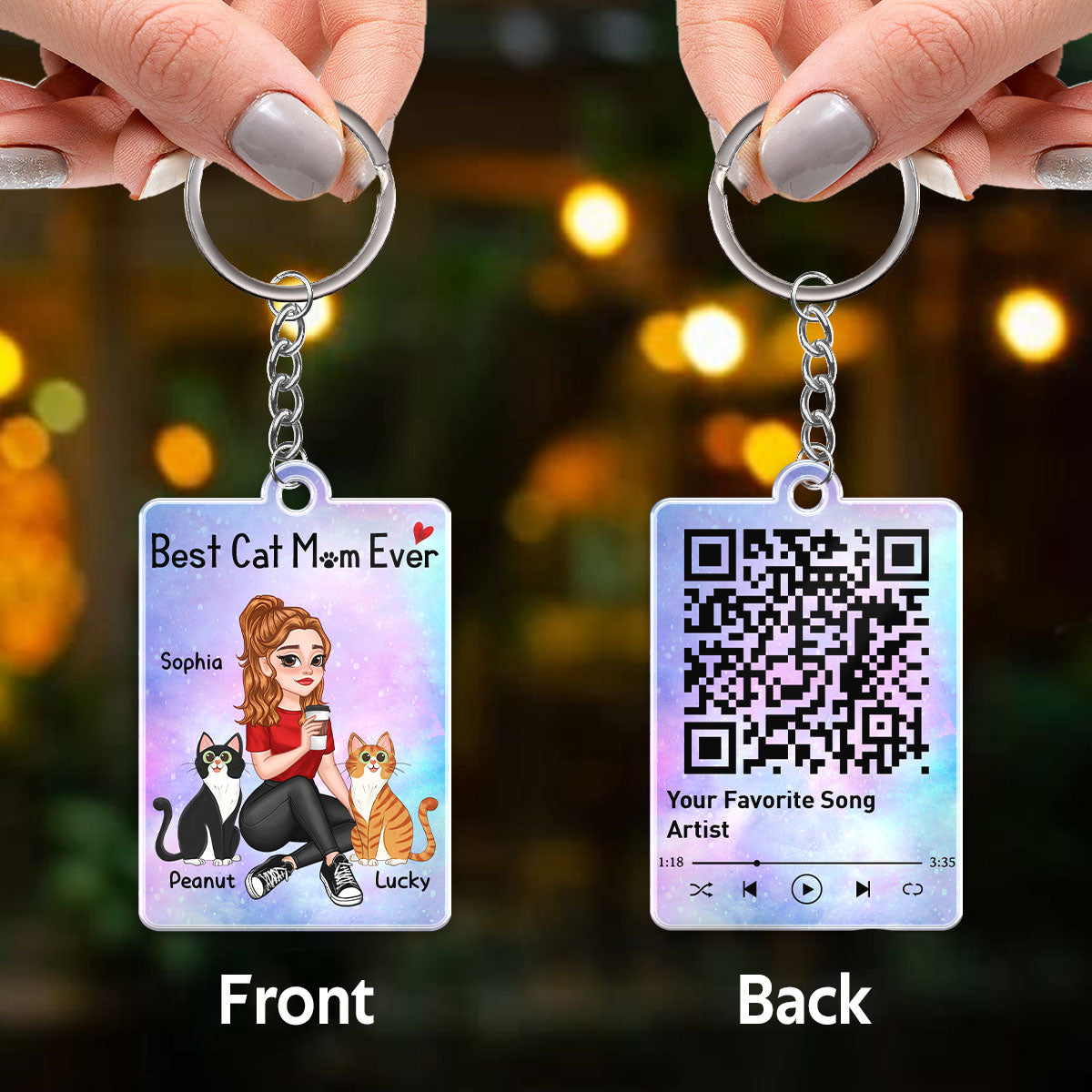 Cat Mom Pretty Cartoon Girl Gift For Cat Lover Favorite Song QR Code Personalized Acrylic Keychain