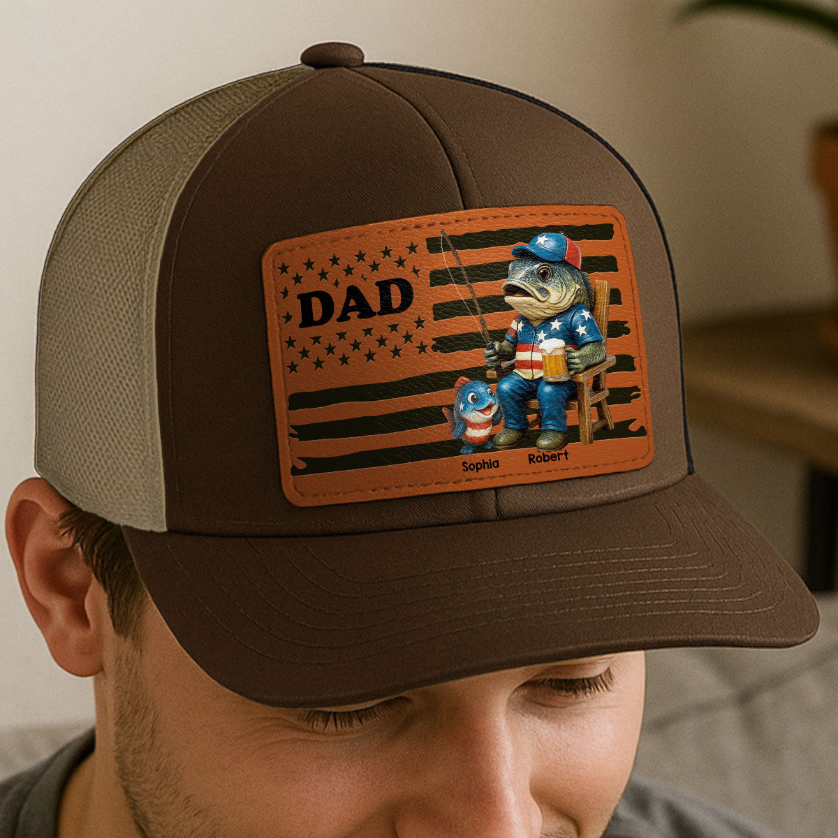 Fishing Dad Nation Flag Personalized Leather Patch Hat, Father's Day gift