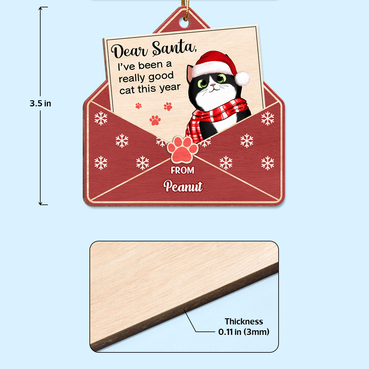 Letter To Santa From Cute Fluffy Cat Personalized Wooden Ornament