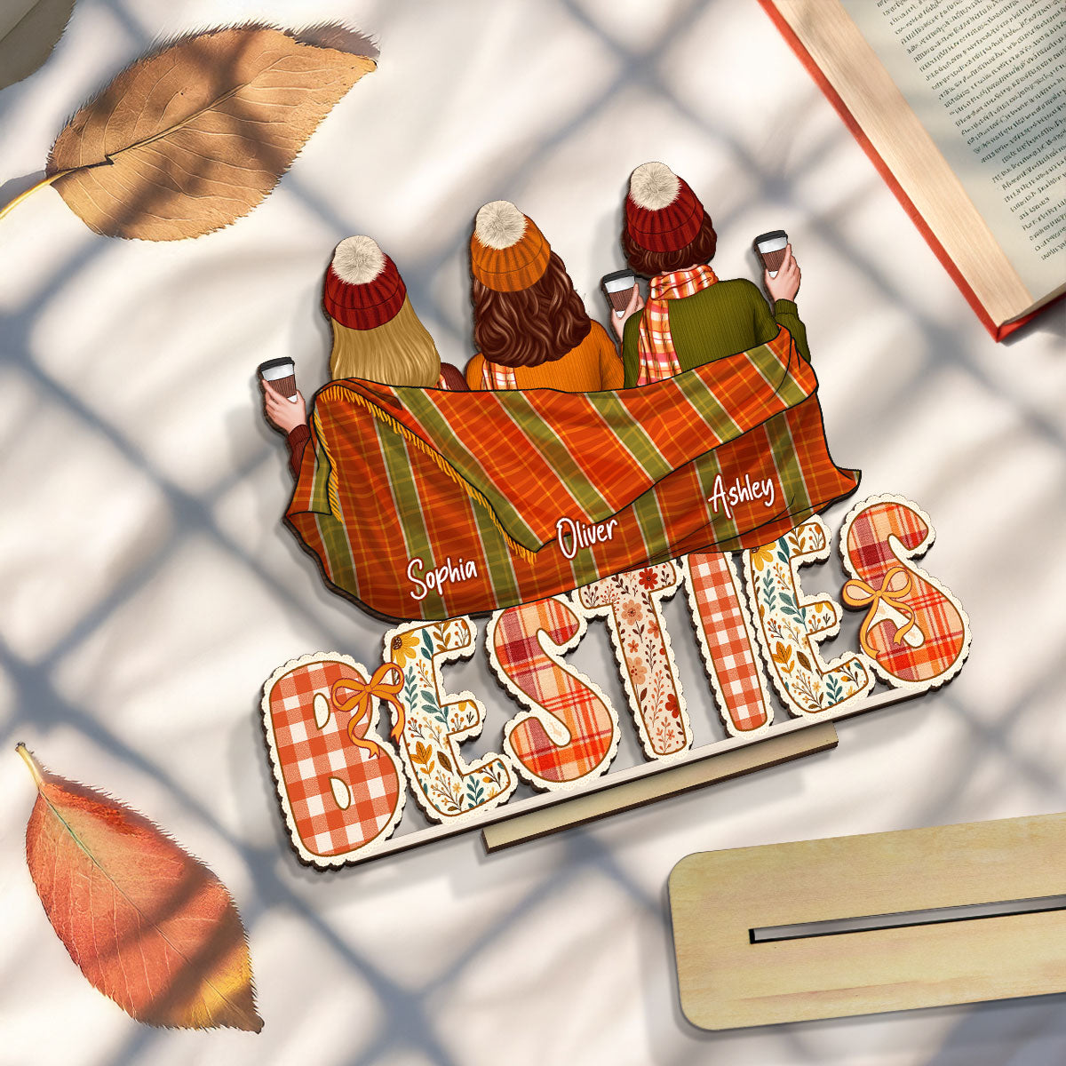 Cozy Besties Sisters In Blanket Sitting On Text Personalized Standing Wooden Plaque, Fall Season Decor