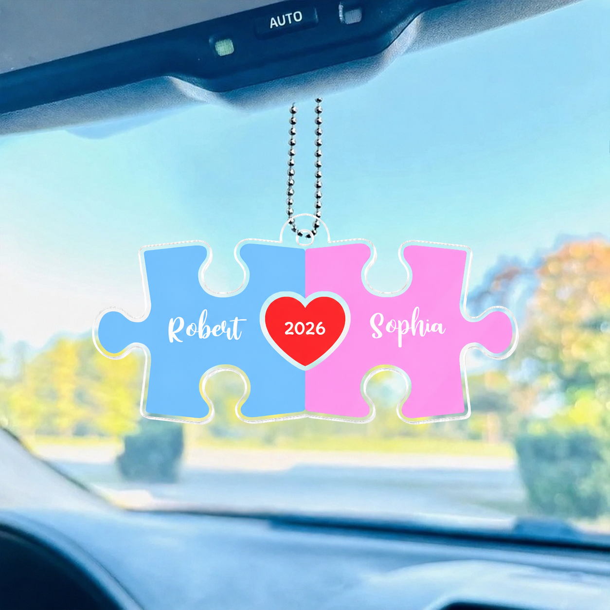 Love Is The Piece That Holds Us Together Acrylic Car Hanger, Personalize Couple Puzzle Name Sign,  Gift For Him, For Her, Wedding Gift