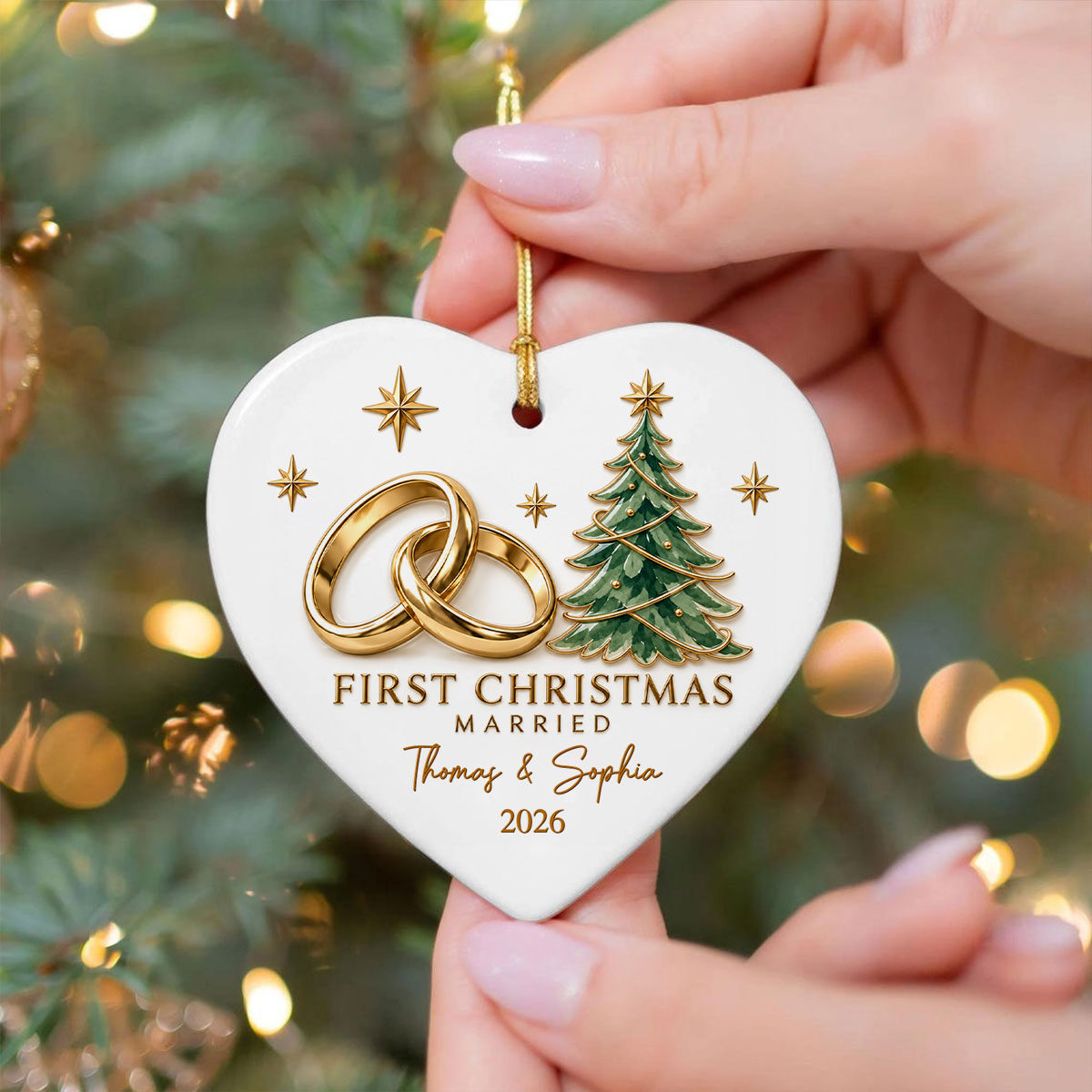 First Christmas Married Couple Names Wedding Rings - Personalized Ceramic Ornament - Newlywed Christmas Gift, Wedding Keepsake