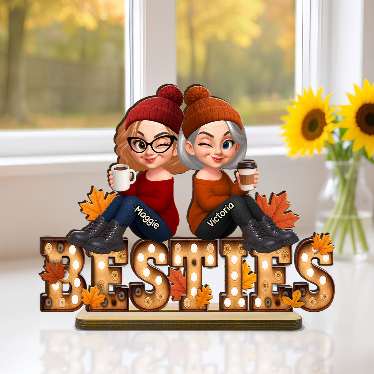 Fall Besties Sitting On Text Marquee Effect Personalized Standing Wooden Plaque, Meaningful Gift For Best Friends