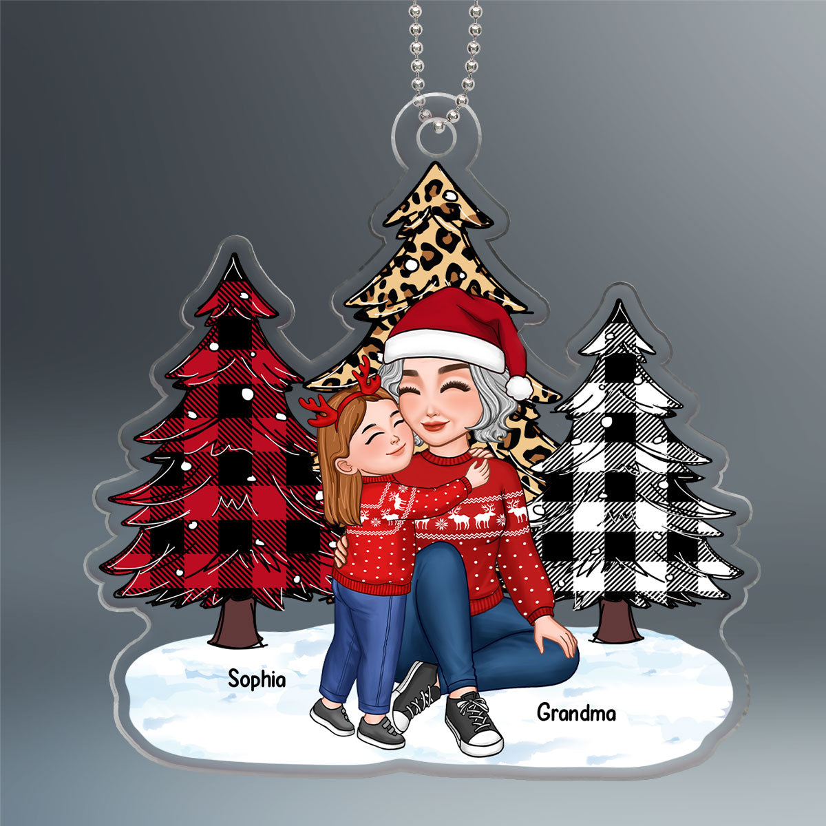 Leopard Checkered Pattern Christmas Tree Cute Grandma Grandkids Personalized Acrylic Ornament