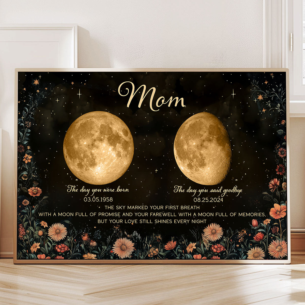 Lost Loved One Moon Phase Art Vintage Floral Memorial Keepsake Personalized Poster