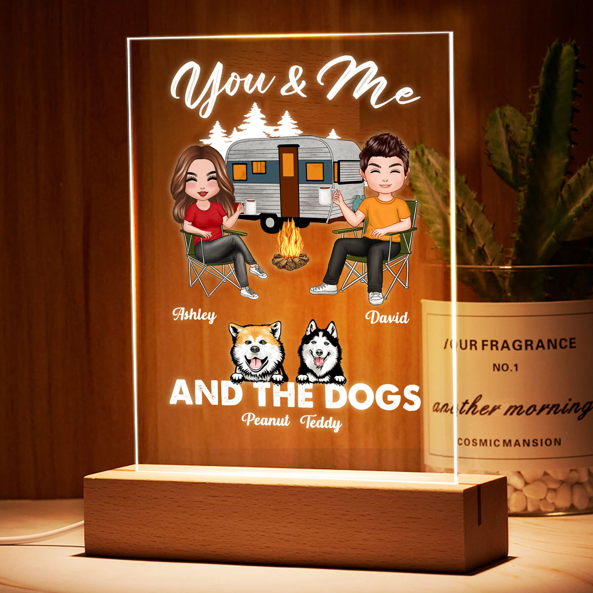 Couple And Dogs Camping Personalized Rectangle LED Night Light - Acrylic LED Lamp, Valentine‘s Day Gift For Her, Gift For Him