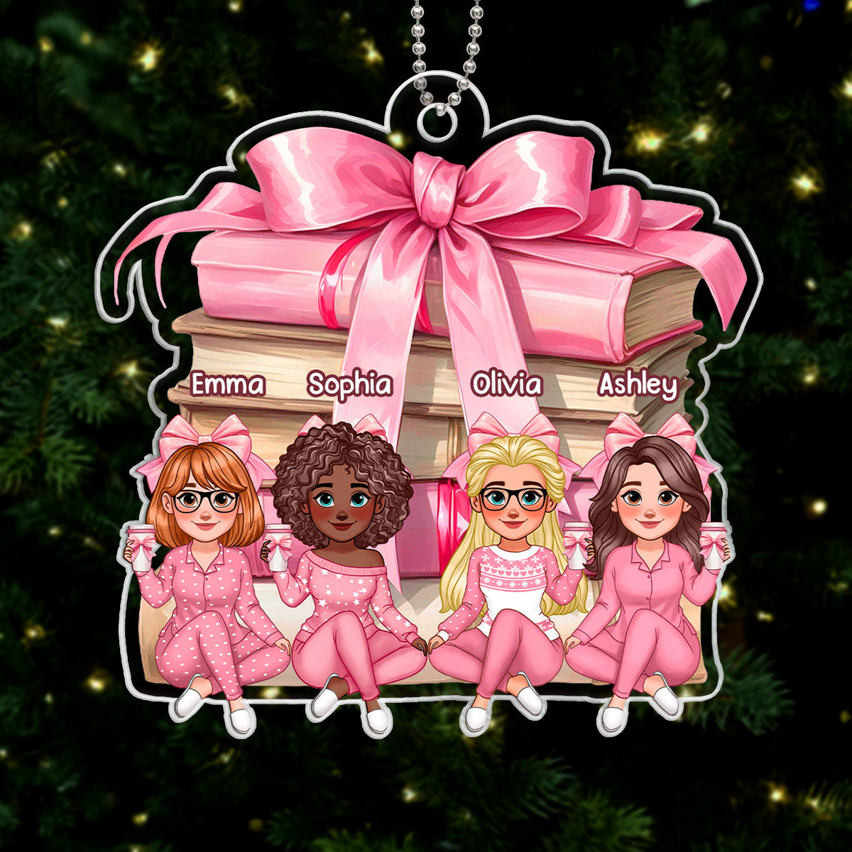 Coquette Stack of Book Besties Sitting Personalized Acrylic Ornament, Gift for Book Lovers
