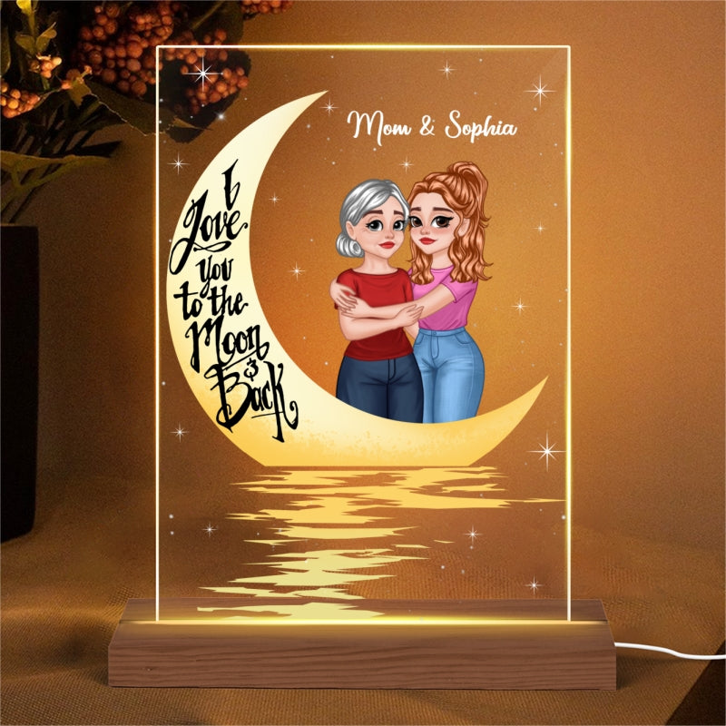 Love To The Moon Hugging Cartoon Mother Daughter In Moon Light Personalized Rectangle Acrylic Plaque With LED Night Light