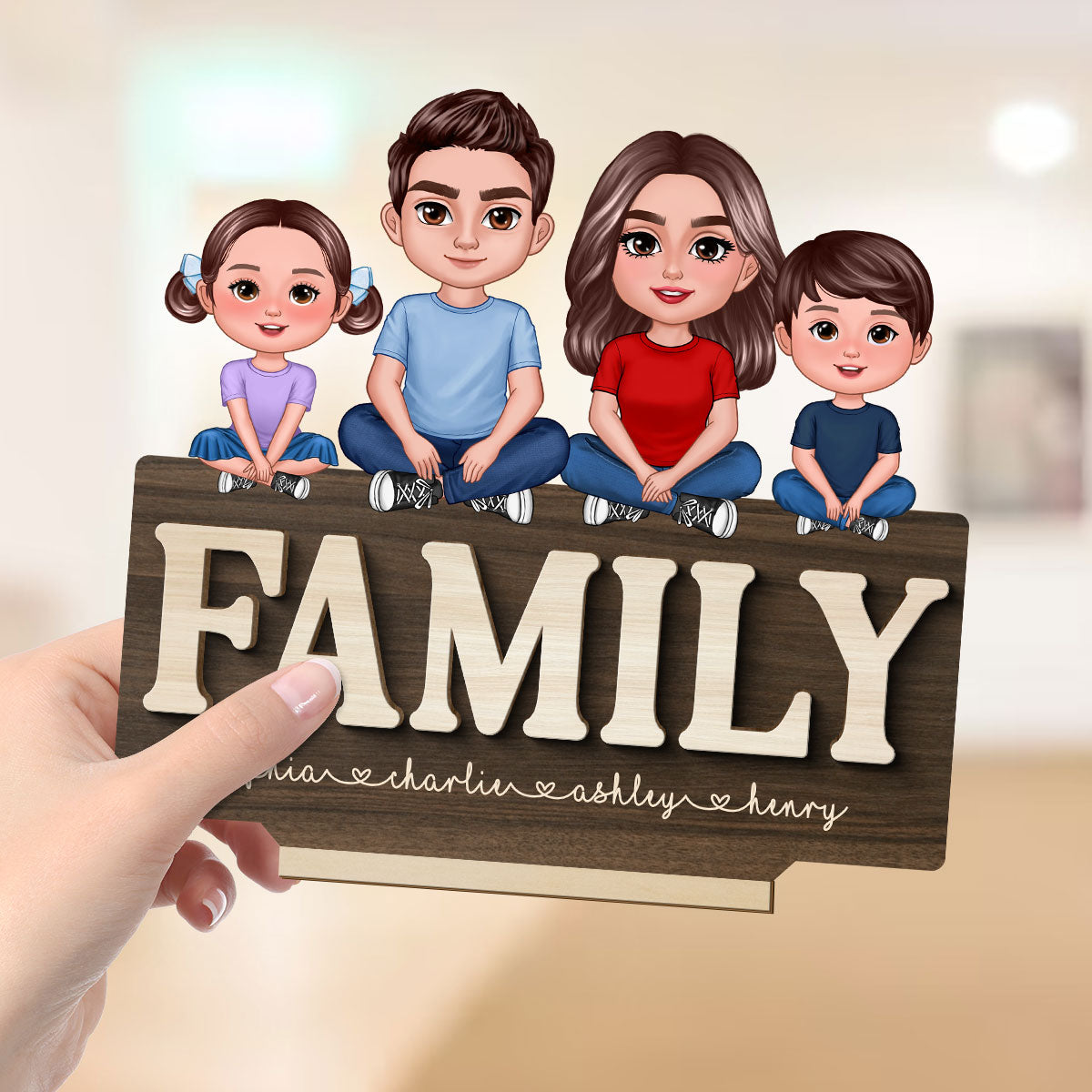 Whole Family Crossed Legs Sitting On Word Dad Mom Kid Dog Cat Personalized 2-Layer Standing Wooden Plaque