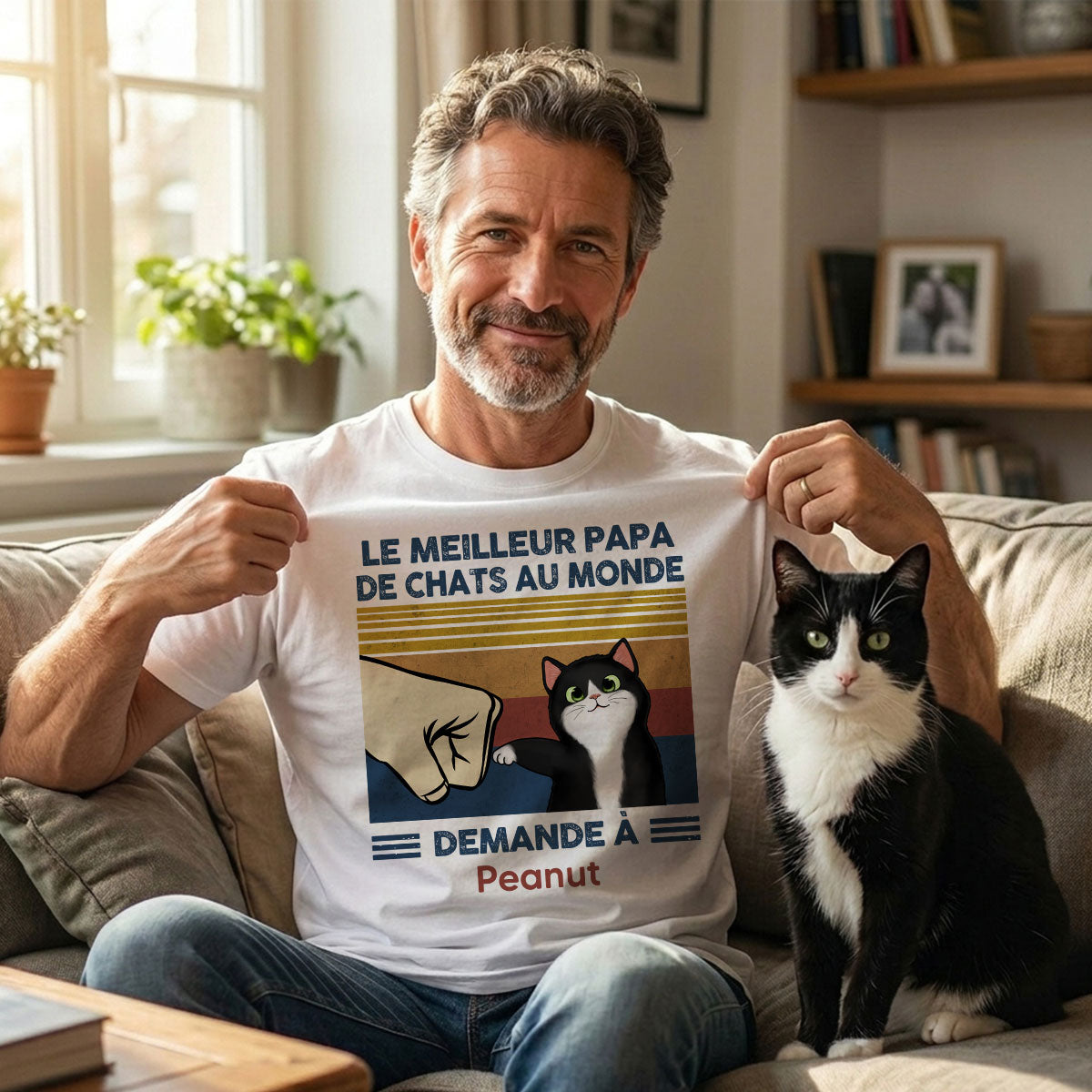 Cadeau parfait pour les papas de chats – T-shirt personnalisé avec check de poing avec votre chat