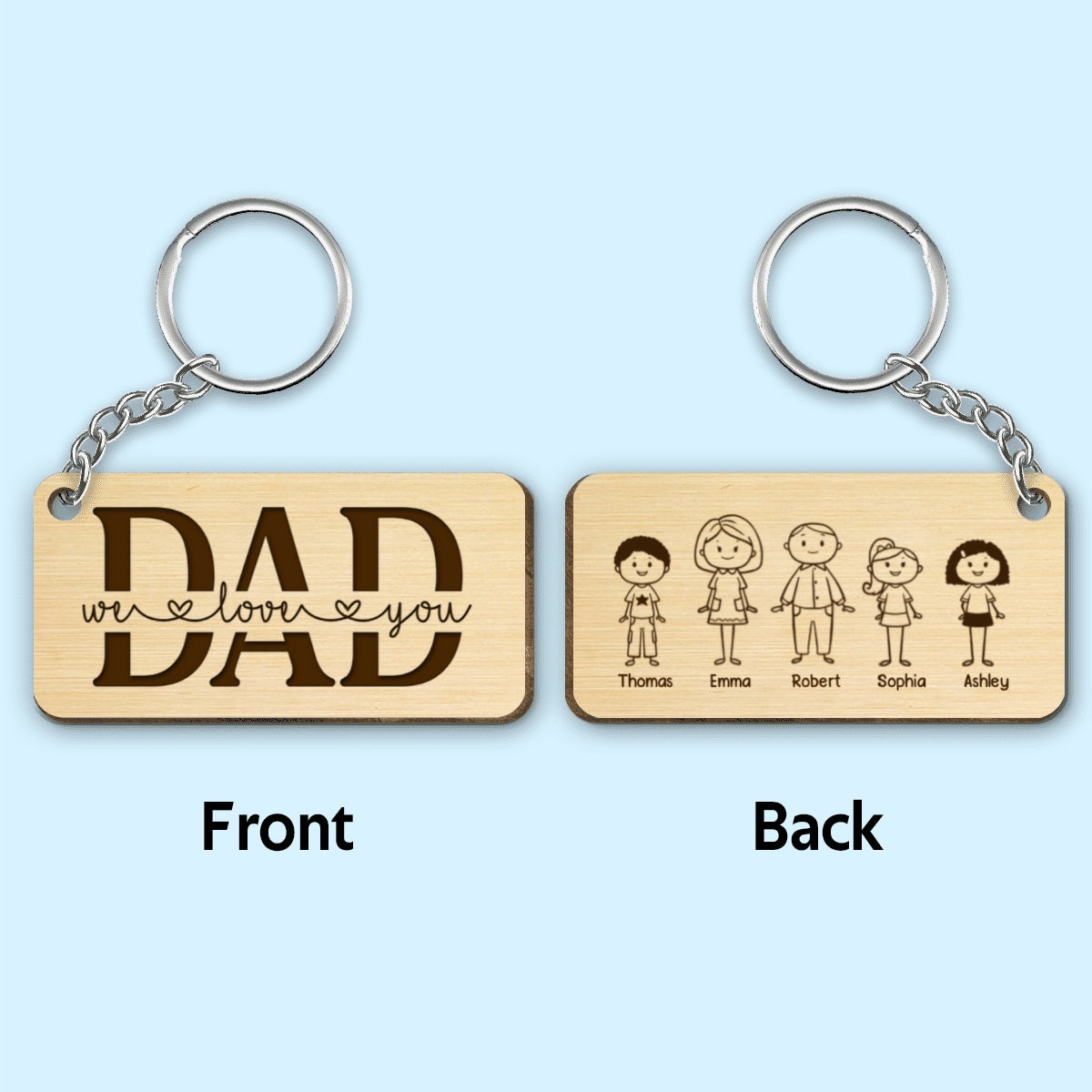 Best Dad Ever Stick Family Couple Kids Dog Cat Personalized Wooden Keychain
