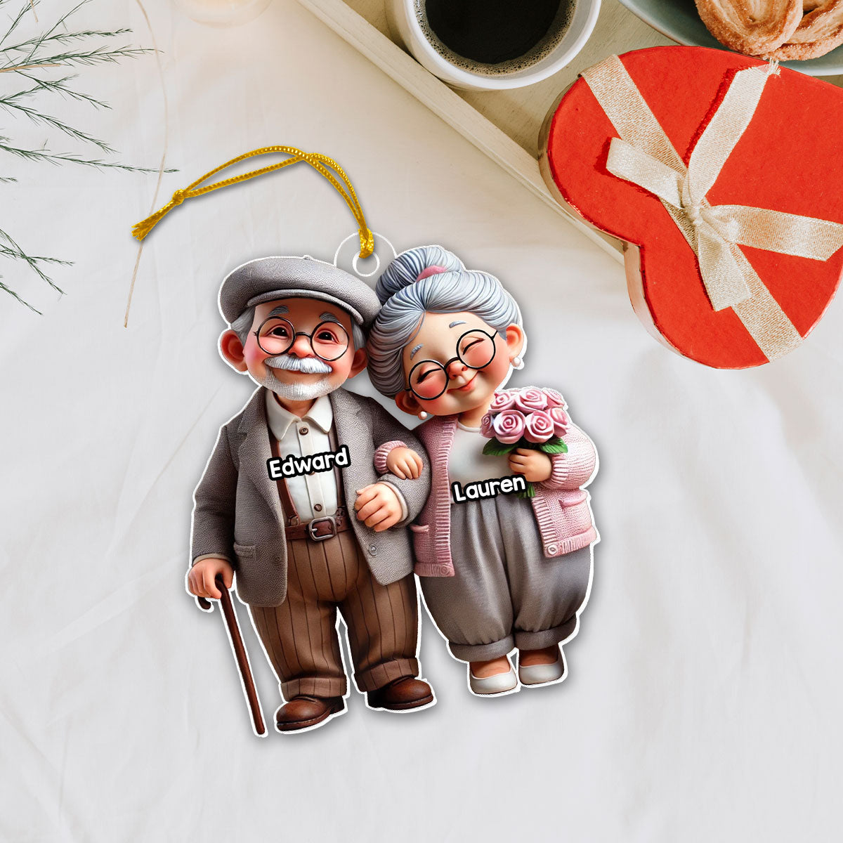 3D Effect Old Cartoon Couple Holding Hand Personalized Acrylic Car Hanger, Valentine's Day, Anniversary, Just Because Gift for him, for her