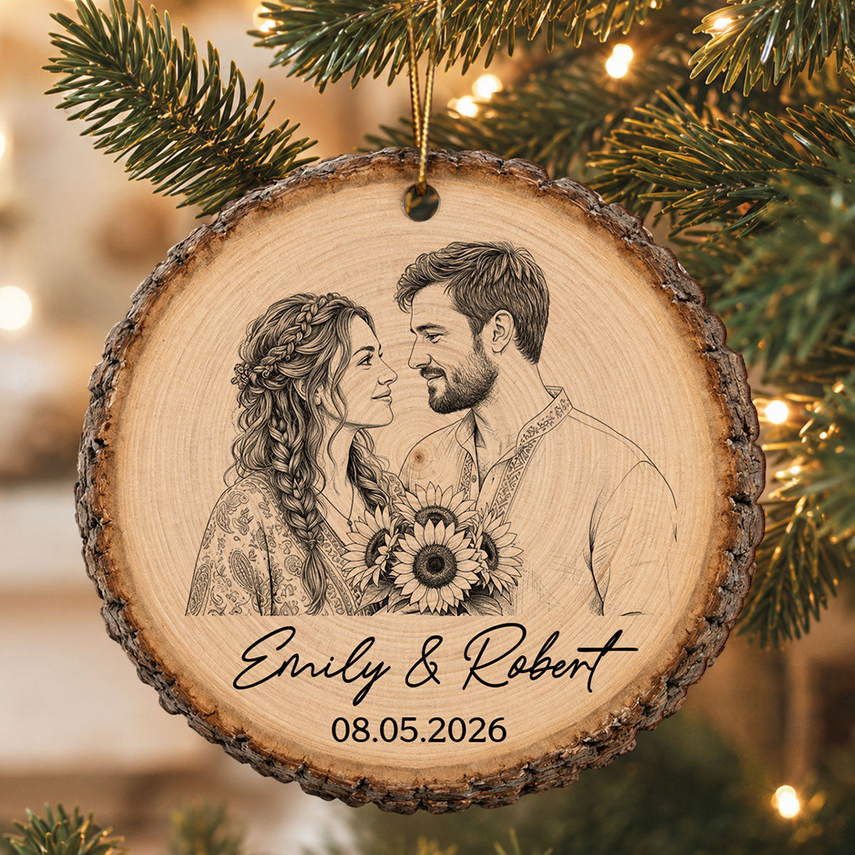 Sketch Style Couple Forever Love Custom Photo - Personalized Wooden Ornament - Christmas Gift, Anniversary Gift For Couple