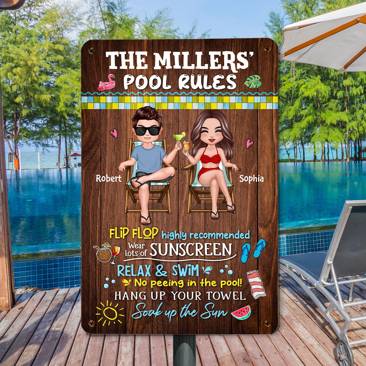 Family Pool Rule Sign Couple Wood Effect Personalized Metal Sign