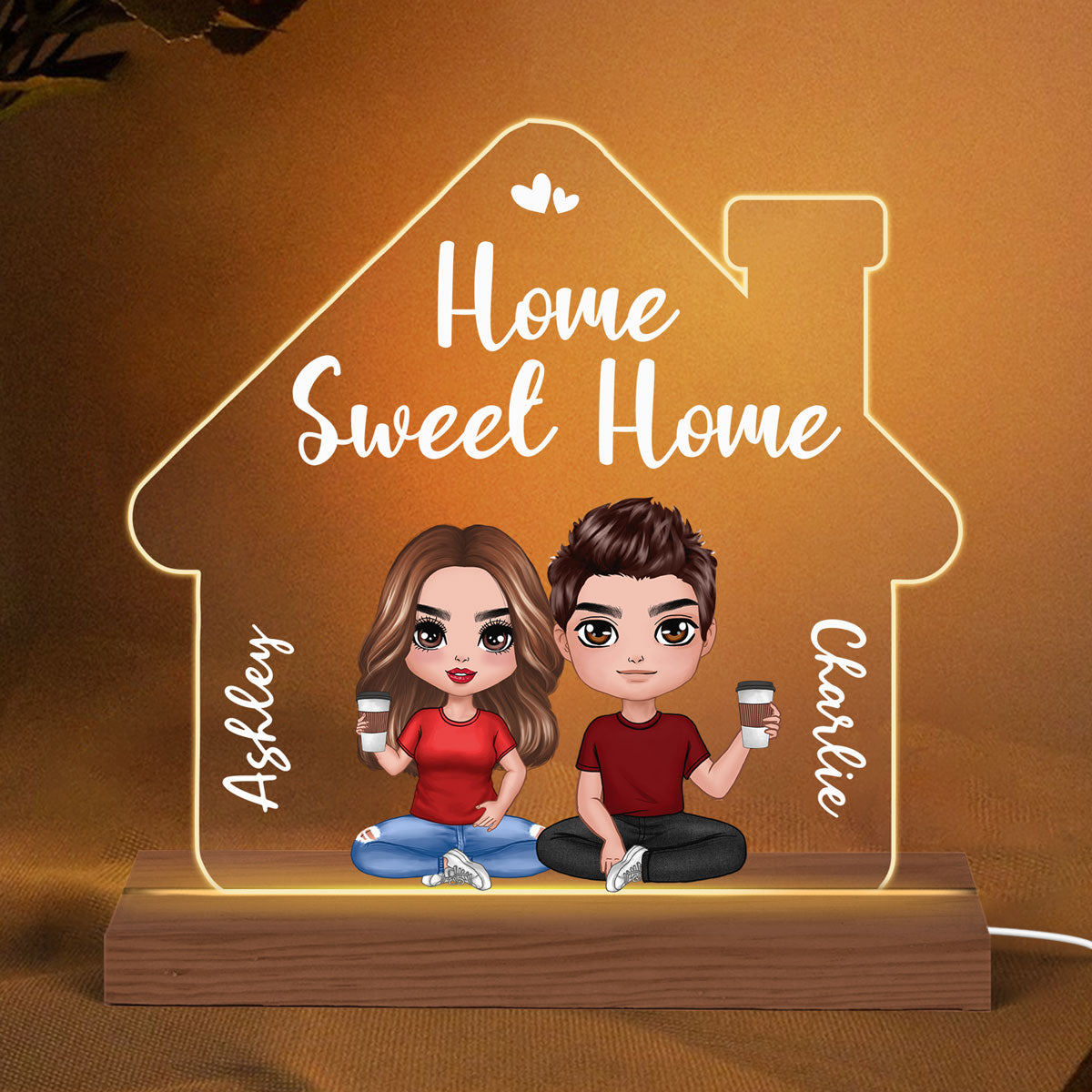 Doll Couple Home Sweet Home House Shaped Personalized Custom Shape Acrylic Plaque With LED Night Light - Anniversary Gift For Him - Gift For Her
