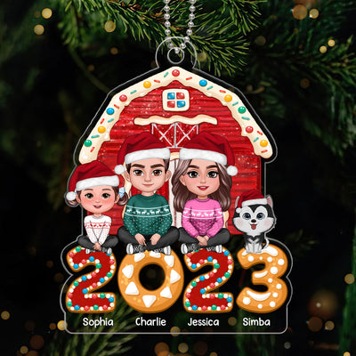 Family Sitting Crossed Legs In Front Of Red Barn 2023 Personalized Acrylic Ornament