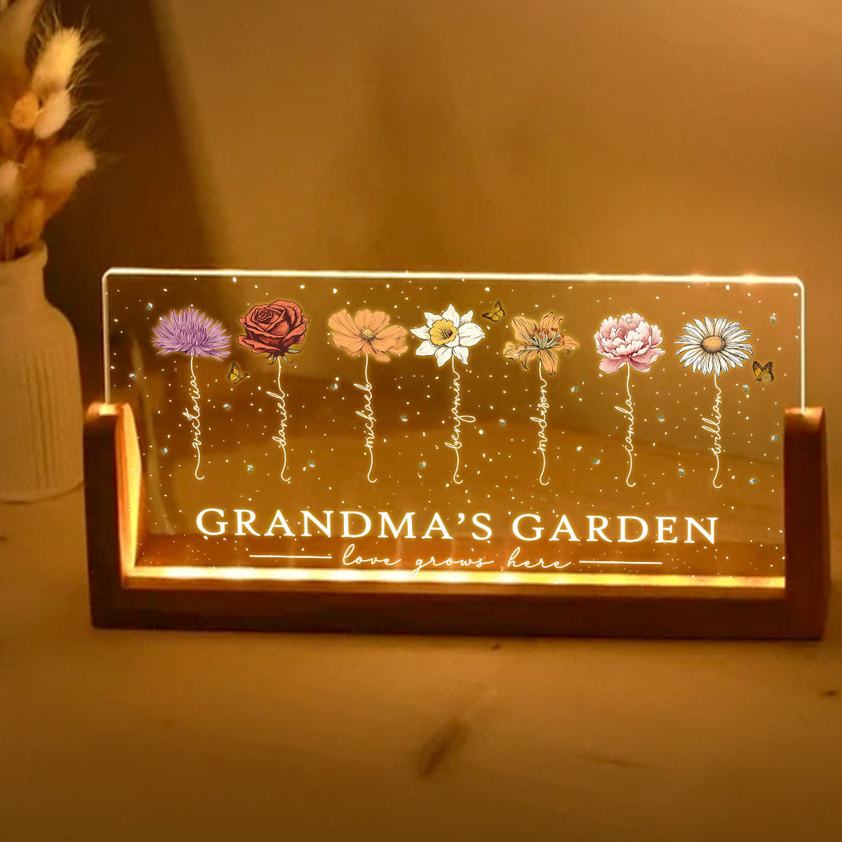 Grandma's Garden Love Grows Here Birthmonth Flowers Personalized U-Base Acrylic LED Night Light, Grandkids Names Floral Gift
