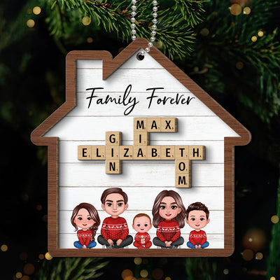 Family Sitting Together Crossword Puzzle Art Personalized House Shaped 2-Layer Wooden Ornament