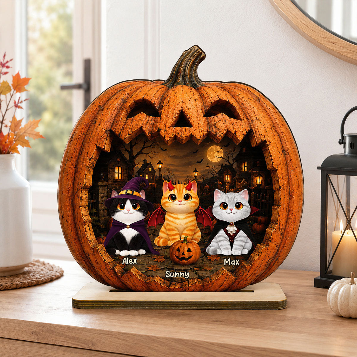 Spooky Halloween Pumpkin Cats - Personalized 2-Layered Wooden Plaque - Halloween Decor For Cat Lovers