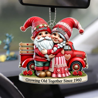 3D Effect Gnome Old Couple And  Truck Personalized Car Hanger Ornament,  Gift For Couple, For Him, For Her, Husband, Wife