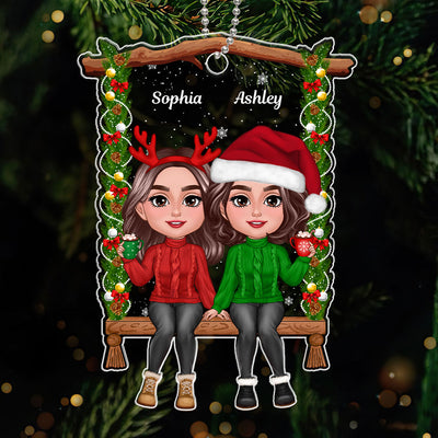 Besties Sisters Sitting On Christmas Swing Personalized Acrylic Ornament