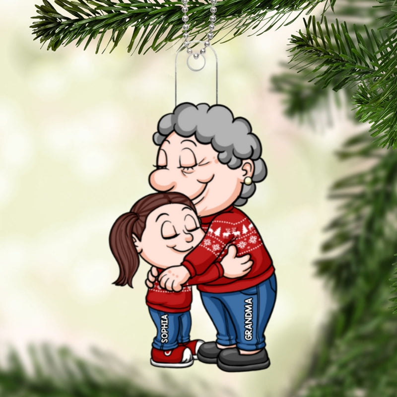 Cute Cartoon Grandma & Grandkid Hugging Christmas Gift For Granddaughter Grandson Personalized Acrylic Ornament