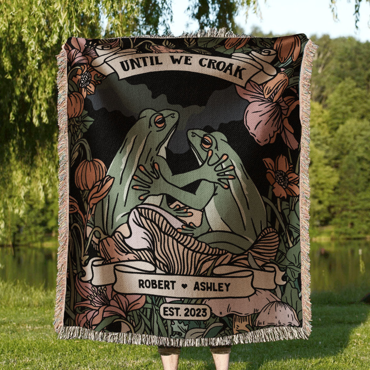 Together Until We Croak Frog Couple Vintage Anniversary Gift Personalized Tapestry Woven Blanket