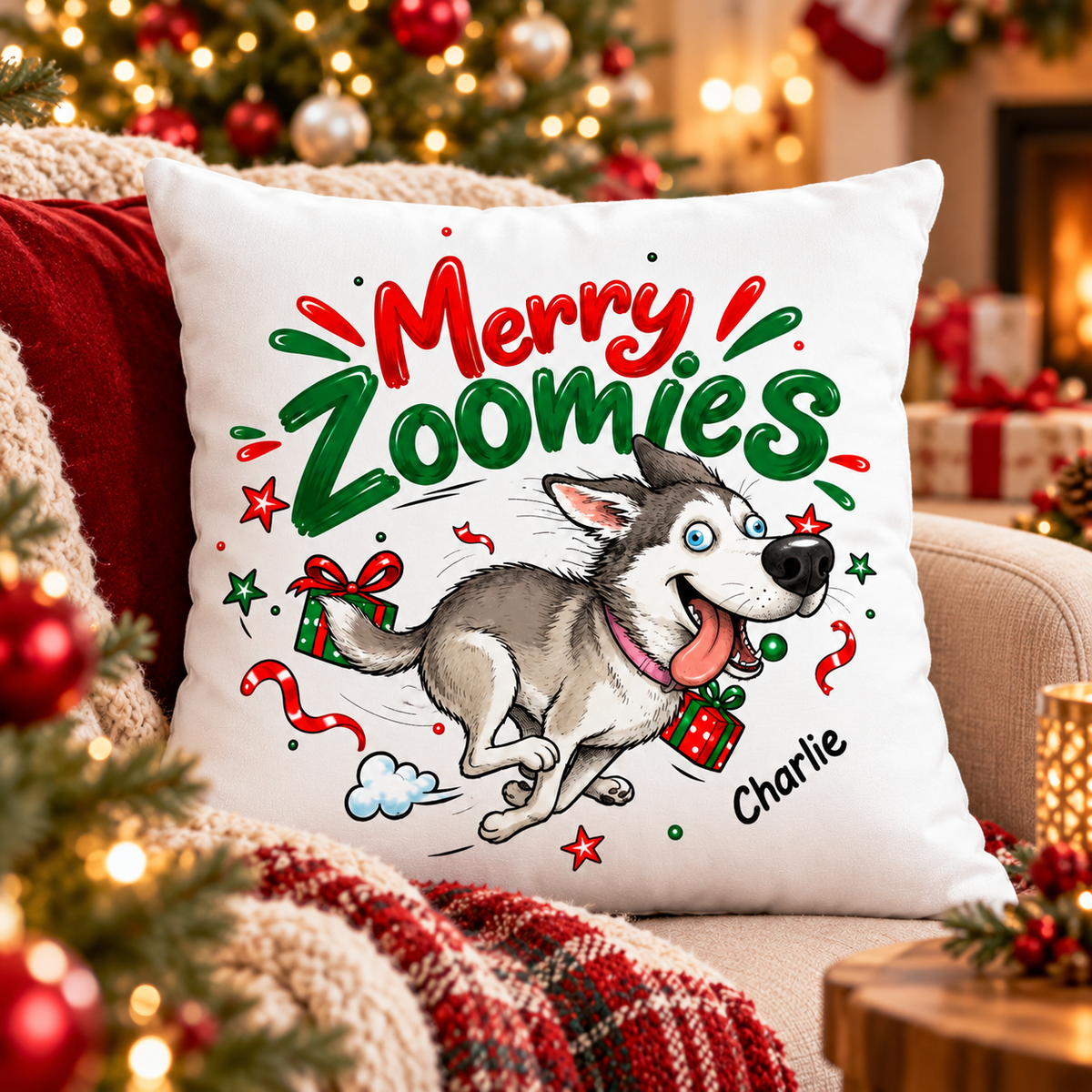 Merry Zoomies Quirky Dog Portrait From Your Custom Pet Photo - Personalized Pillow - Funny Christmas Gift For Dog Lover